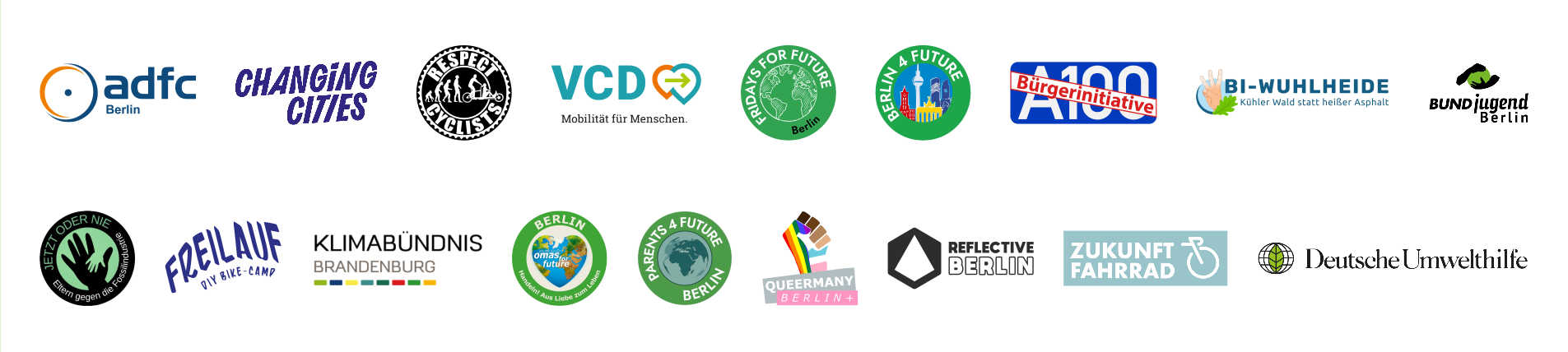 Auflistung Logos: ADFC Berlin, Changing Cities, Respect Cyclists, VCD Nordost, Fridays for Future Berlin, BI A100, BI Wuhlheide, Deutsche Umwelthilfe, Freilauf DIY Bike Camp, Queermany Berlin, Omas for Future Berlin, Reflective Berlin, Zukunft Fahrrad