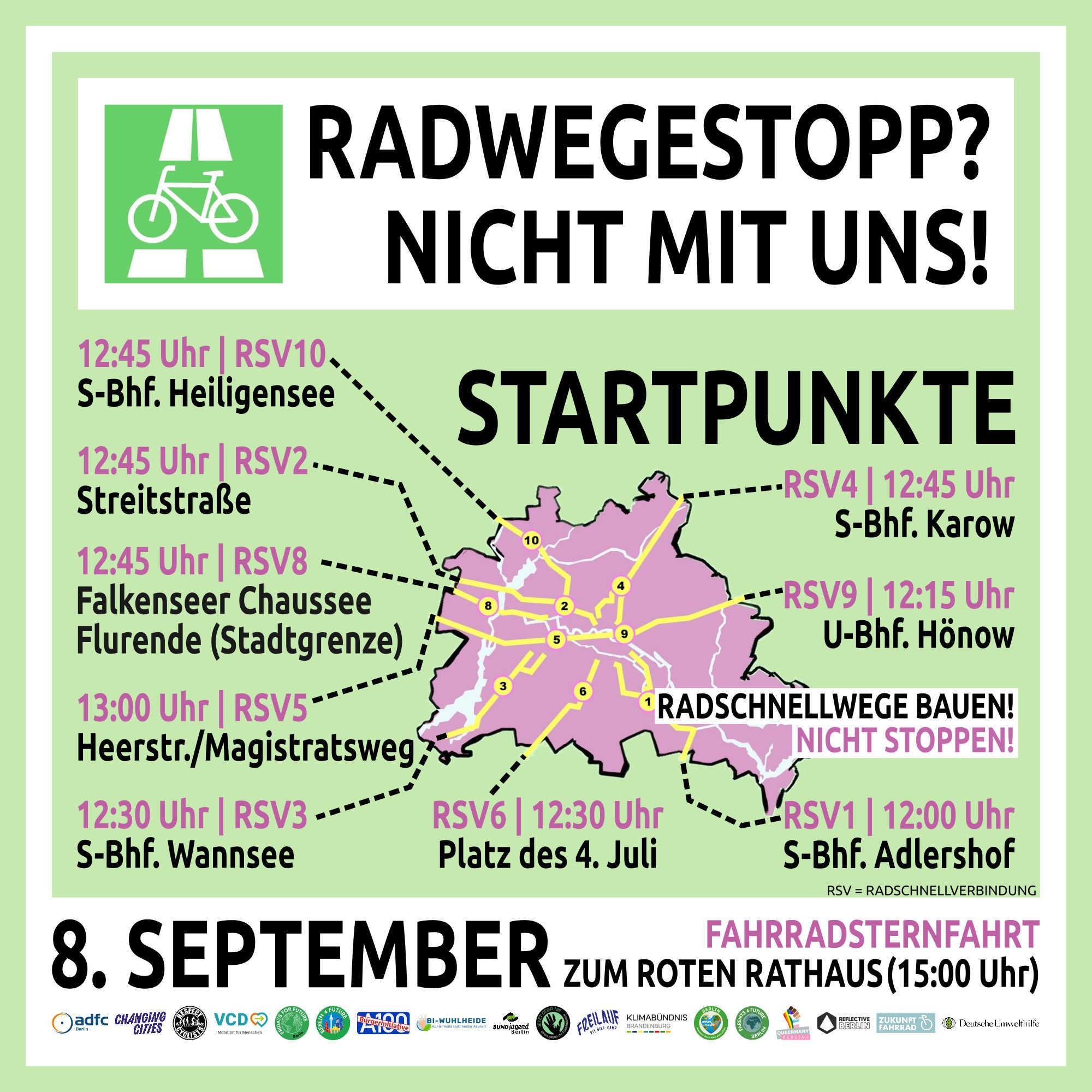 Sharepic zur Demo Fahrradsternfahrt am 8. September 2024 zum Roten Rathaus. Mit Auflistung der 9 Radschnellverbindungen in Form einer Karte von Berlin, die die Routen sein werden. (Genauere Auflistung der Routen siehen unten)