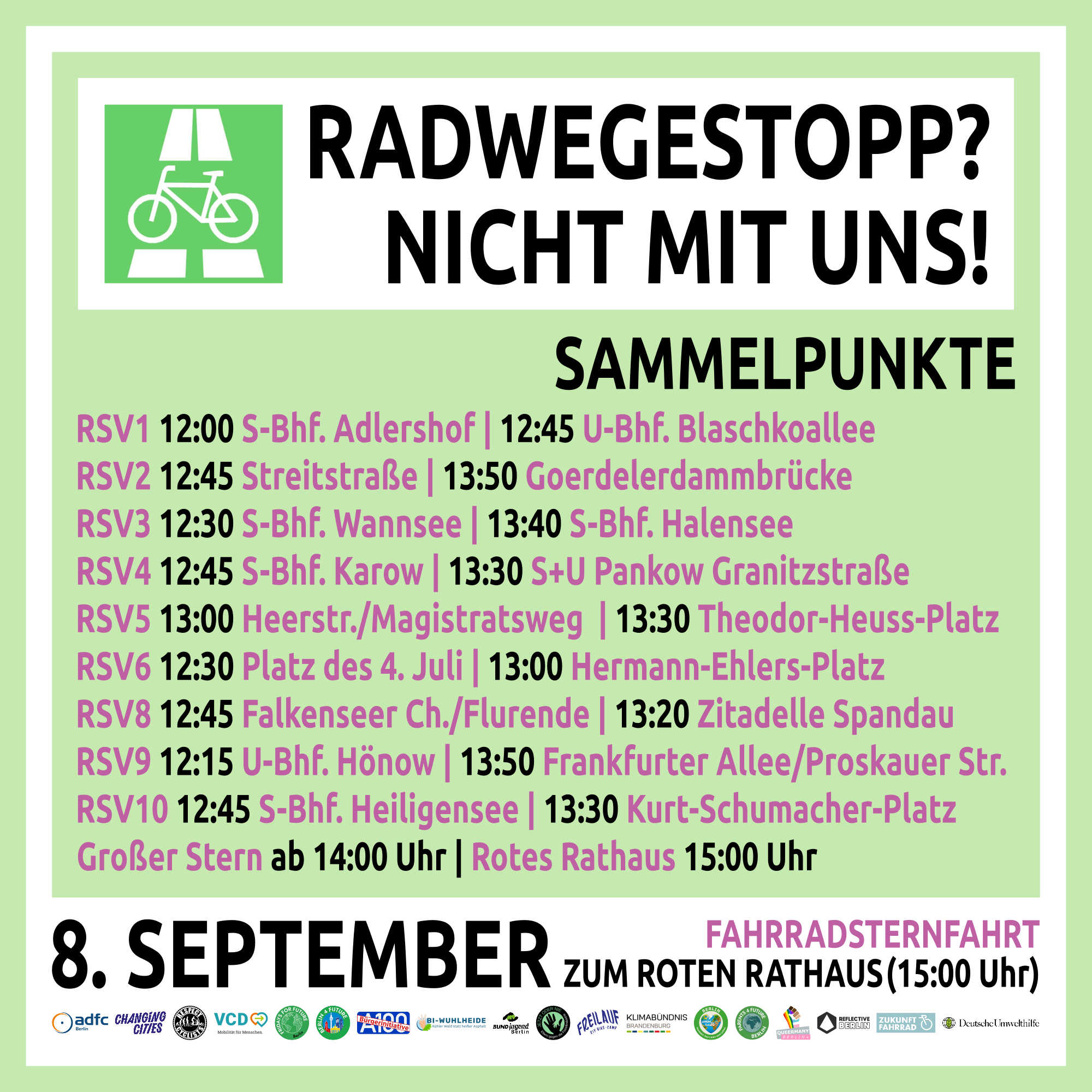 Sharepic zur Demo Fahrradsternfahrt am 8. September 2024 zum Roten Rathaus. Mit Auflistung der 9 Routen mit Anfangzeiten und Zwischensammelpunkten. (Genauere Auflistung der Routen siehen unten)